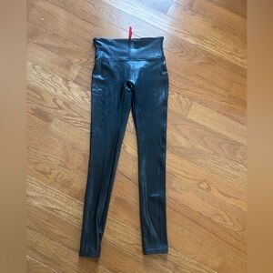 SPANX black faux leather leggings, size small